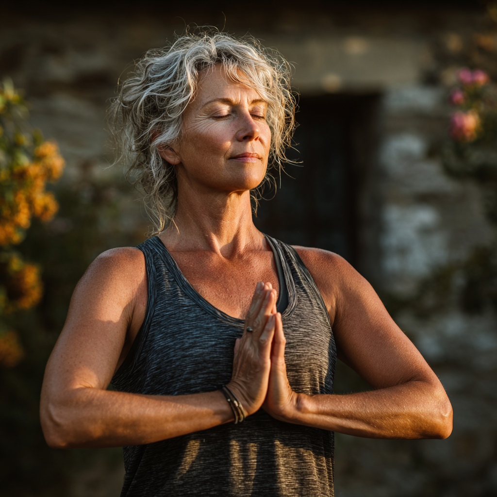 Mature woman in her 50s practicing yoga in a peaceful outdoor setting, demonstrating a graceful yoga pose with focused expression and proper alignment
