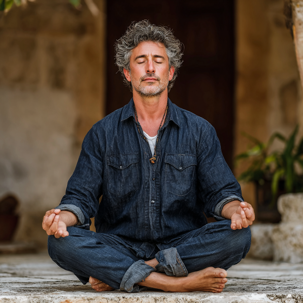 Middle-aged man in his late 40s practicing meditation in a serene outdoor environment, sitting in lotus position with calm and focused expression, surrounded by natural light